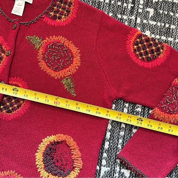 Vintage Cardigan Sweater Susan Bristol L Granny-core Hand Beaded Red Floral Read - Picture 7 of 12